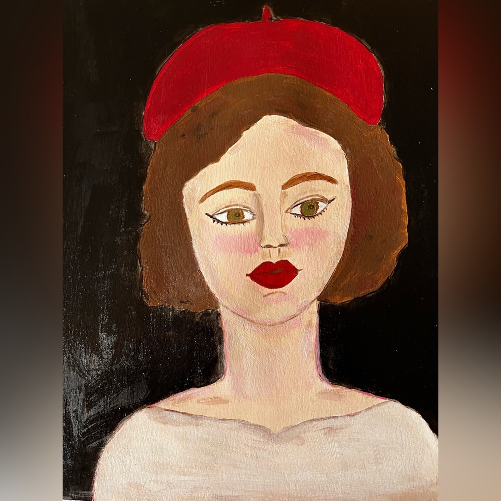 🎨 Original art painting portrait of woman w/beret